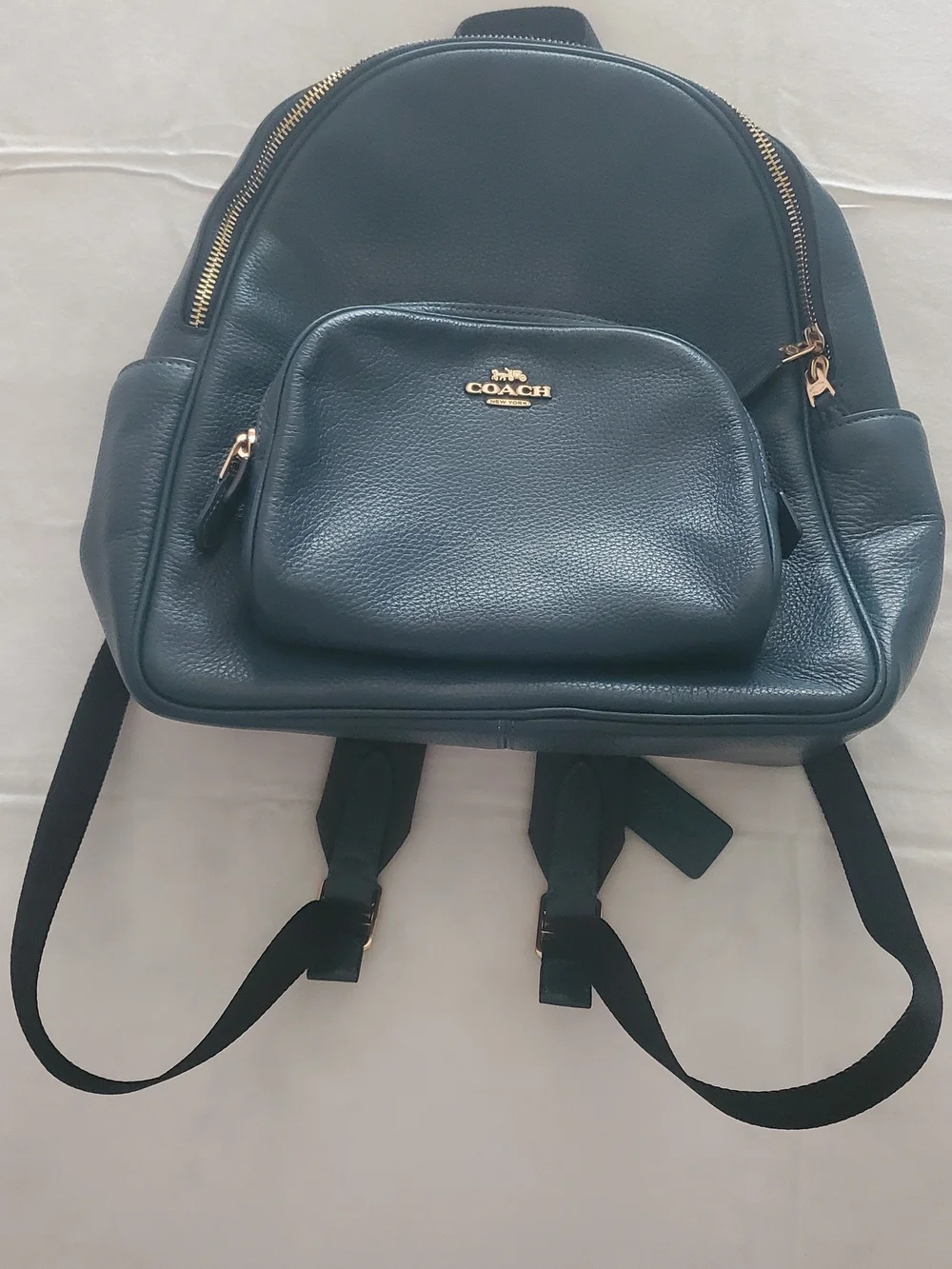 Coach Dark Teal Pebbled Leather Backpack with Gold Hardware